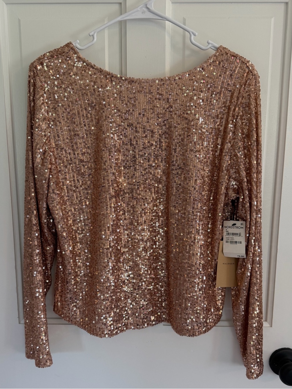 NWT Halogen Sequin Long Sleeve Top Pink Rose Gold Scoop Back Small